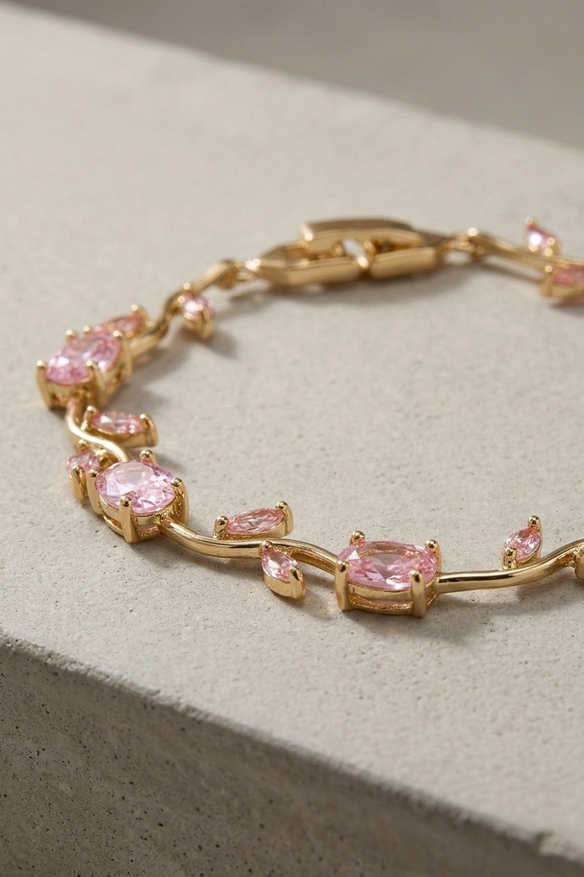 Tulip Bracelet – Gold Stainless Steel with Rose Pink Diamond Cut Stones - for her