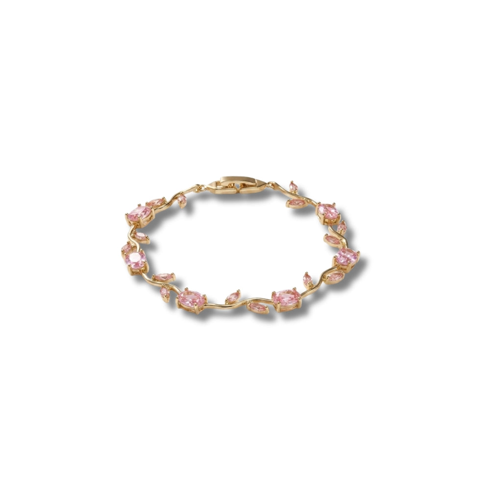 Tulip Bracelet – Gold Stainless Steel with Rose Pink Diamond Cut Stones - for her